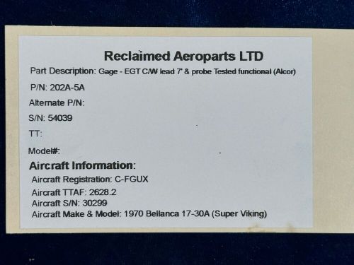 Alcor gage - egt with 7' lead &amp; probe p/n: 202a-5a sn- 54039 - tested functional