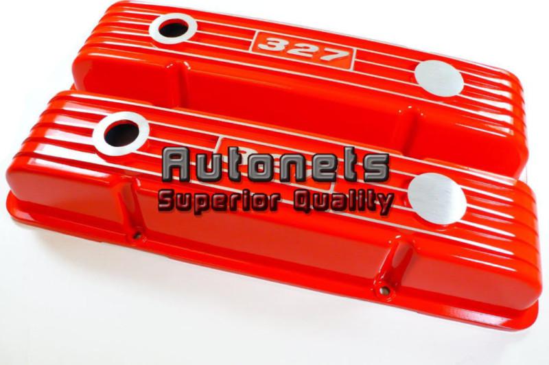 Small block chevy camaro 283-350 orange aluminum valve cover with 327 logo