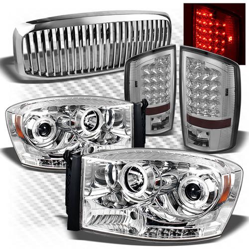 07-08 ram 1500, 07-09 2/3500 projector headlights + led tail lights + grille set