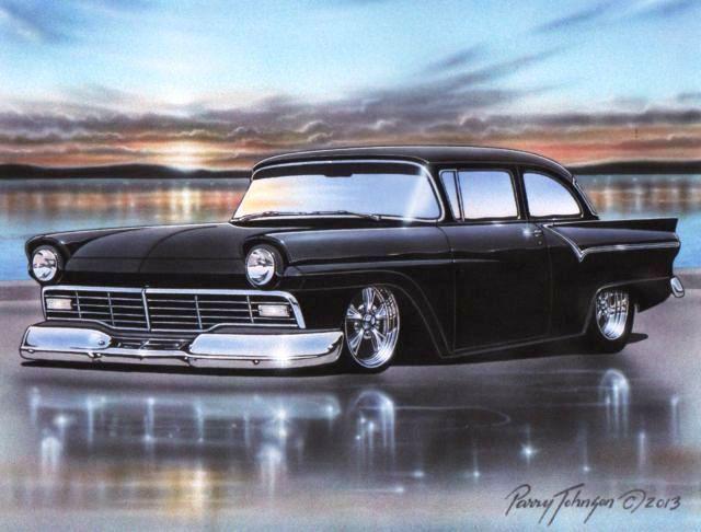 1957 ford custom 2 door sedan hot rod car art print black