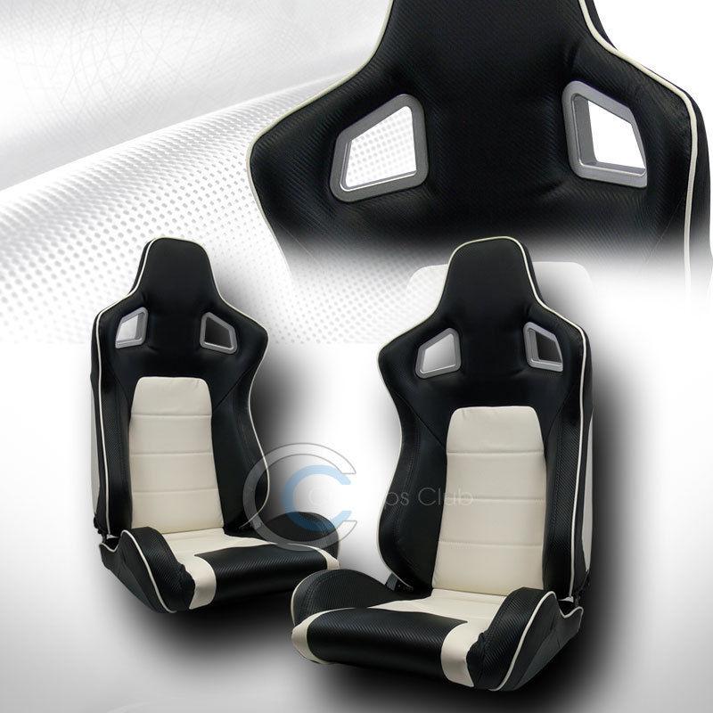 Universal mu carbon blk/white pvc leather racing bucket seats w/slider pair euro