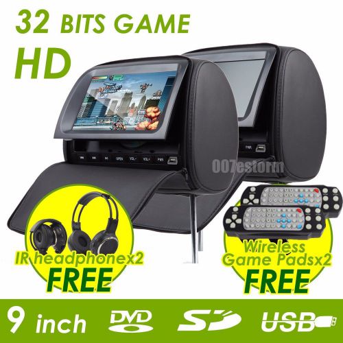 2*9&#034; lcd car headrest pillow monitor dvd player game fm sd usb+ir headsets black