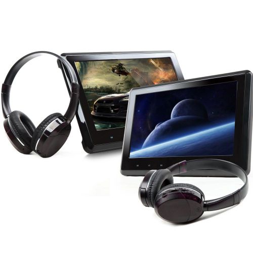 2x 10.1&#034; black car headrest portable dvd player pillow digital monitor headset l