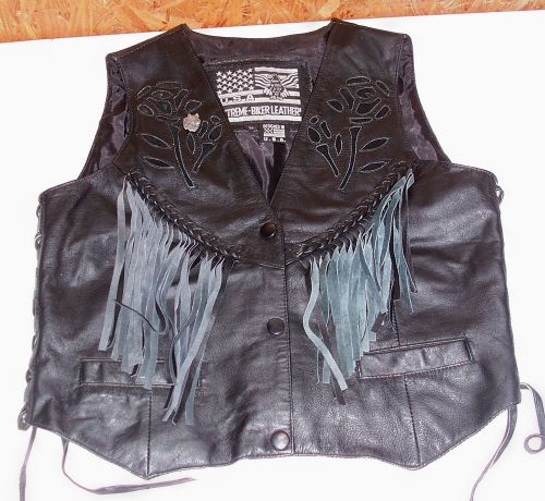 Womens size xs black leather fringe motorcycle vest bikers extra small  ladies