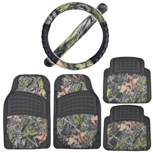 Heavy duty rubber floor mats + steering wheel cover black w/ camo accents
