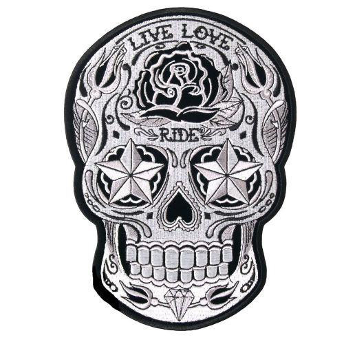 Sugar skull day of the dead calavera all souls embroidered patch black wht 5&#034;x8&#034;