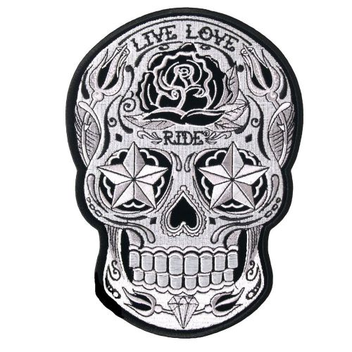 Sugar skull day of the dead calavera all souls embroidered patch black wht 5"x8"