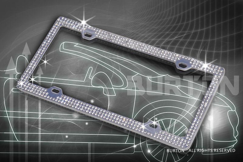 Bling triple rows white-c cap real crystal embedded chrome license plate frame