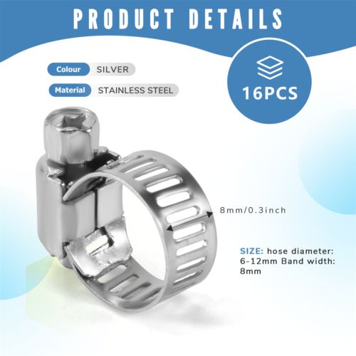 16pcs Stainless Steel Adjustable Car Fuel Hose Clamp Pipe Tight Cl1273-, US $, image 16