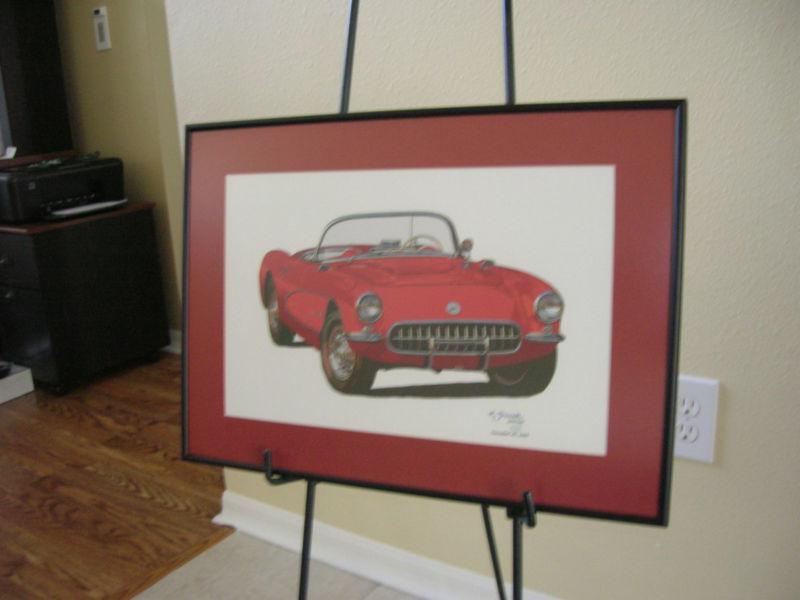 1956-57 corvette framed pen & ink print on canvas 15x22 artist signed       