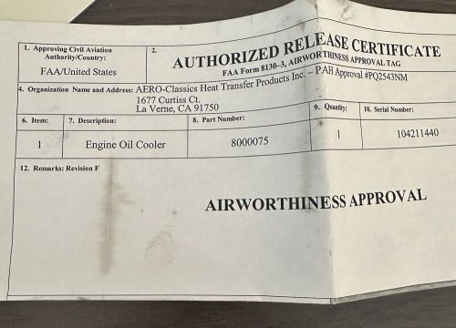 NEW Aero-Classics Aircraft Engine Oil Cooler P/N 8000075, US $379.00, image 2