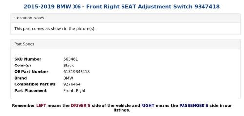 2015-2019 BMW X6 - Front Right SEAT Adjustment Switch 9347418, US $52.99, image 3