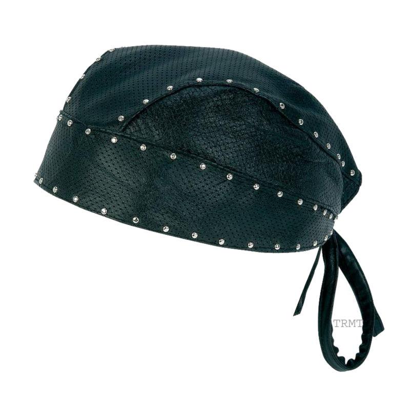 Genuine leather skull cap doo rag bandana biker hat head wrap studded
