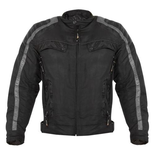 Xelement mens armored black tri-tex motorcycle jacket with grey leather piping